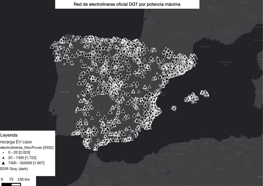 Red de electrolineras oficial DGT por potencia máxima